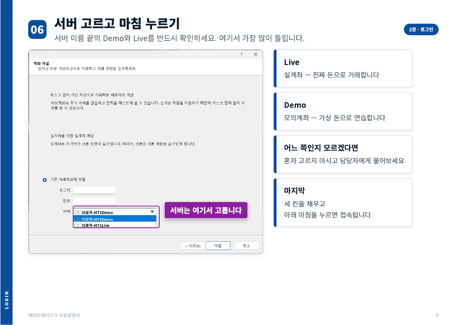 제공된 PC 설명서 8쪽의 서버 선택·로그인 화면과 단계 표시